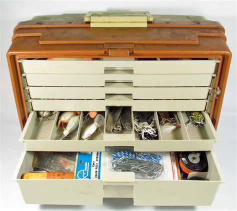 old metal fishing tackle boxes|vintage tackle box with lures.